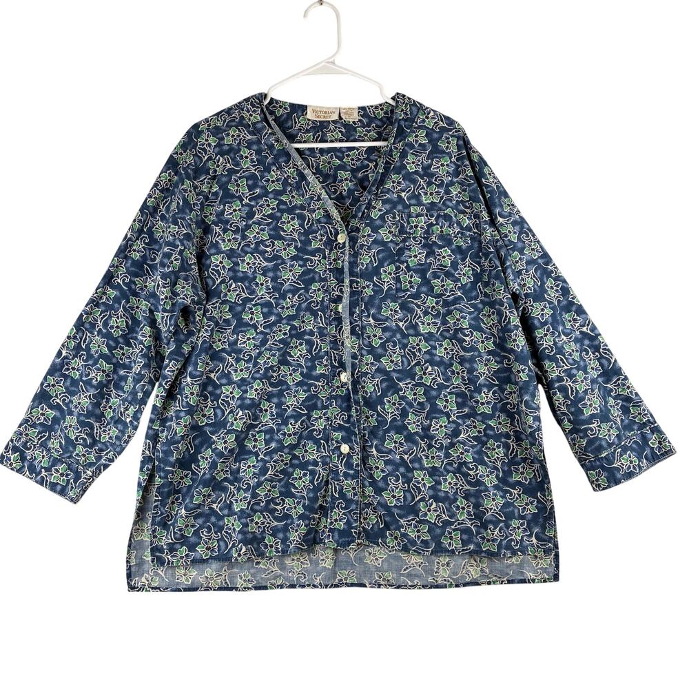 Victorias Secret Gold Label Button Up Pajama Top Women's Medium 100% Cotton Blue